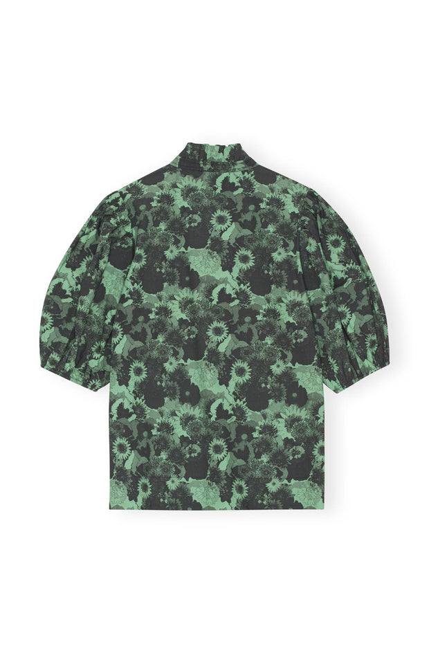 Grønn Printed COtton High Ruffle COllar Blouse - Stilshoppen