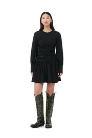 Black Stretch Seersucker Gathered Mini Dress - Stilshoppen