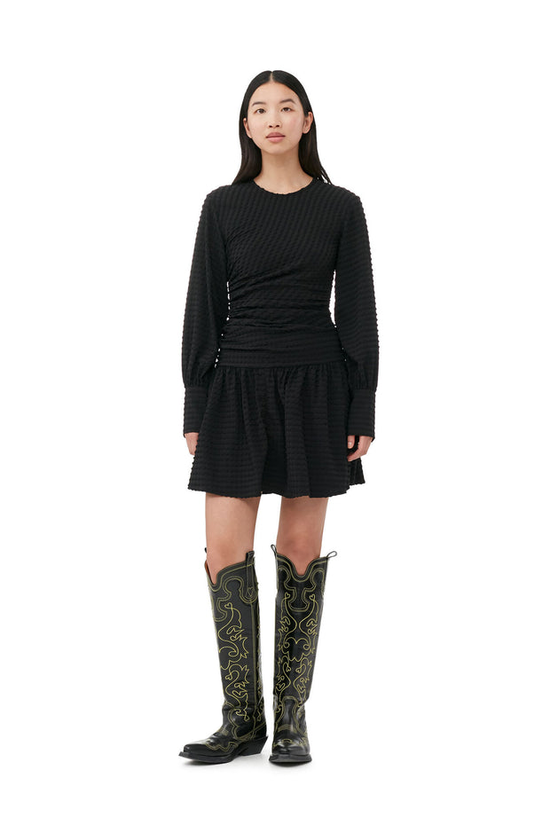 Black Stretch Seersucker Gathered Mini Dress - Stilshoppen