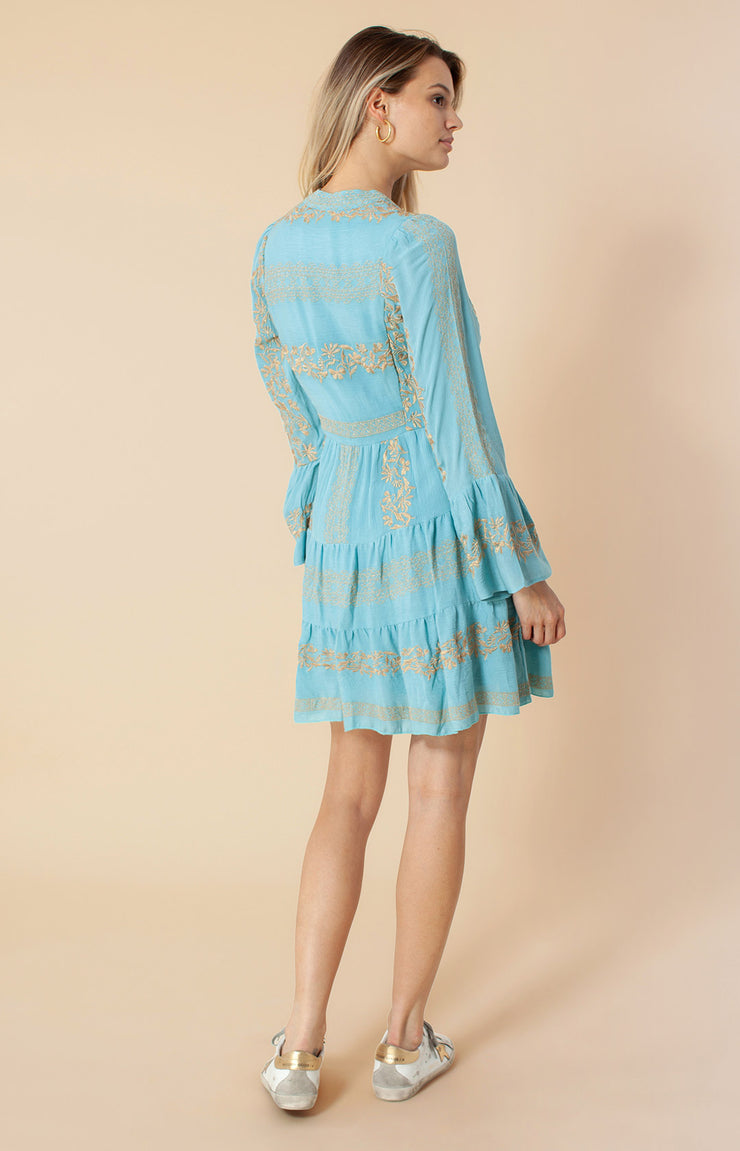 Skyblue Short Dress Embroidered Rayon