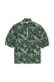 Grønn Printed COtton High Ruffle COllar Blouse - Stilshoppen