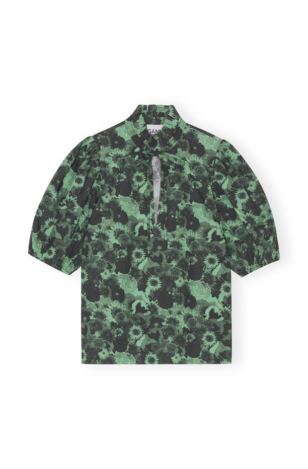 Grønn Printed COtton High Ruffle COllar Blouse - Stilshoppen