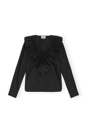 Sort Cotton Poplin Ruffle V-neck blouse