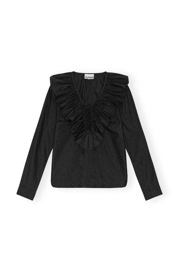 Sort Cotton Poplin Ruffle V-neck blouse