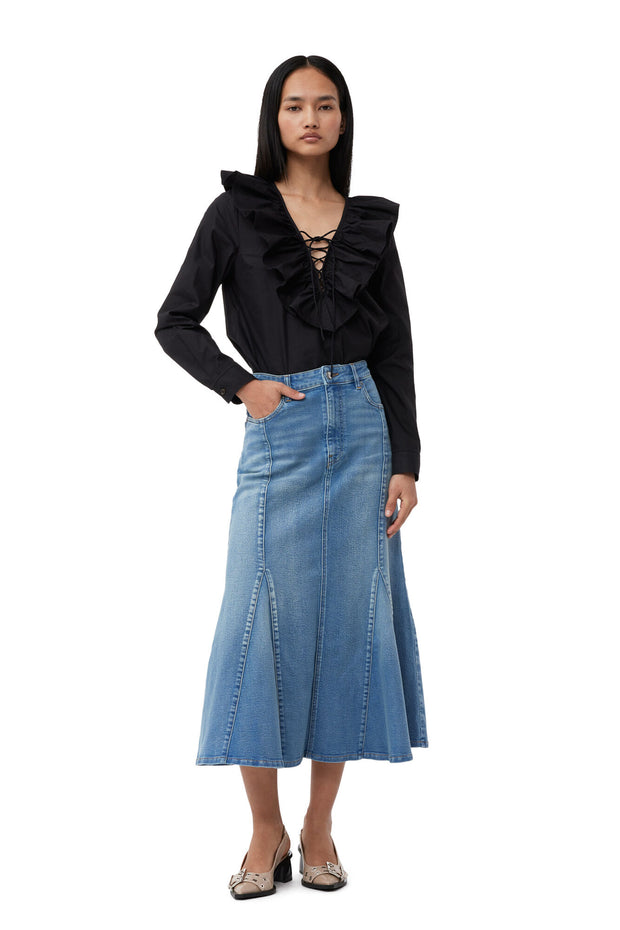Sort Cotton Poplin Ruffle V-neck blouse